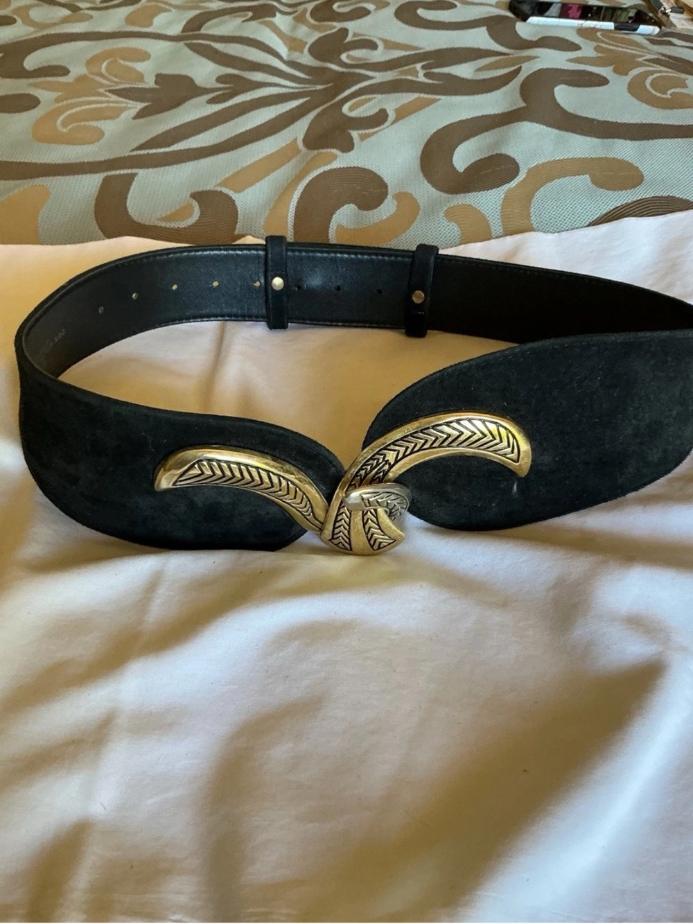 Black Suede Wide Belt with Decorative Gold Buckle